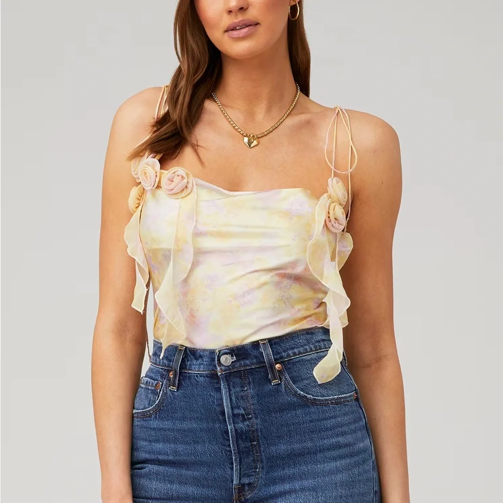 For Love & Lemons Floral Chiffon Camisole Top Rosette Strap Tank - Picture 2 of 5
